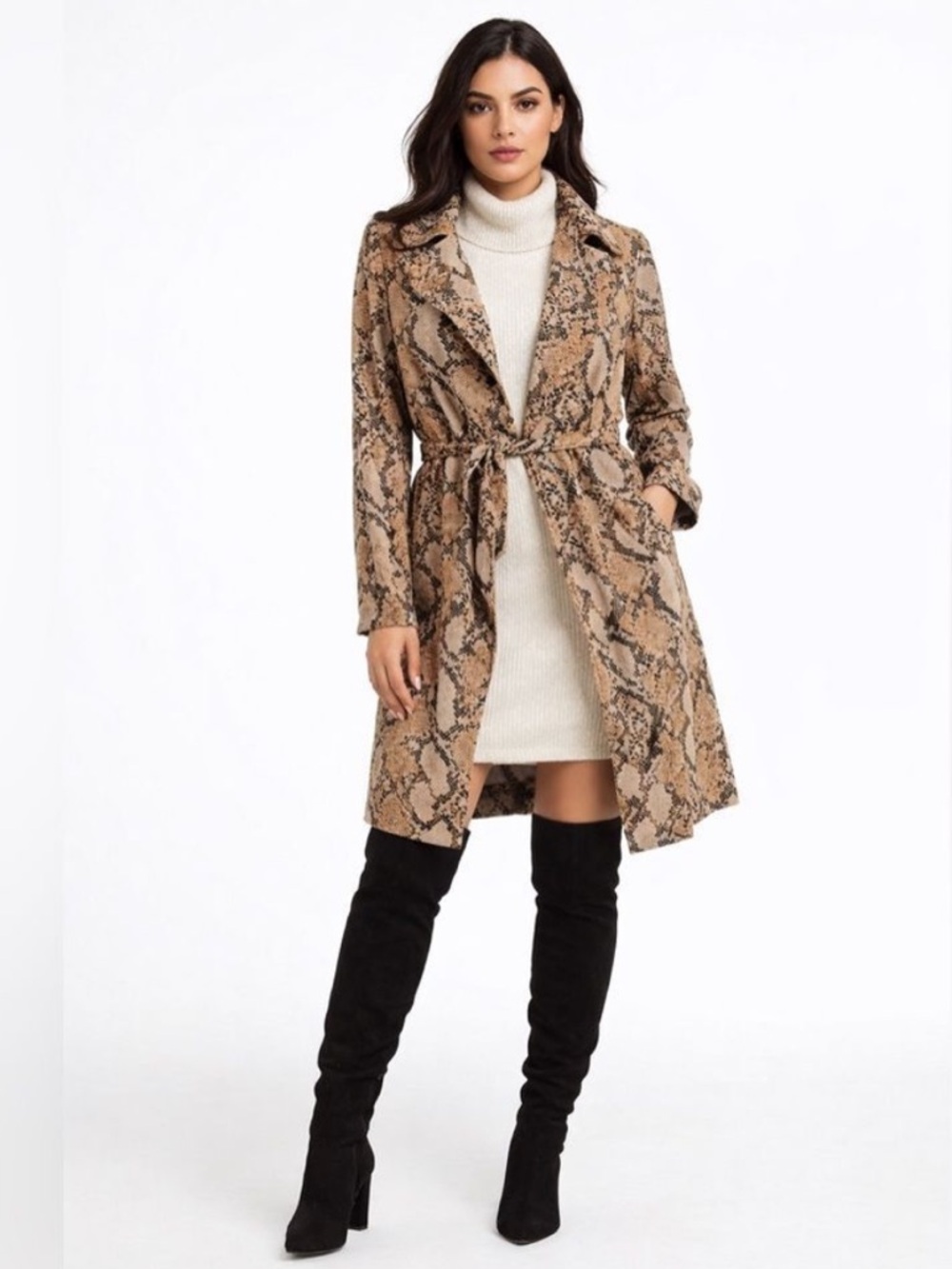 H&M snake print belted trench coat dress